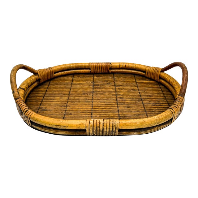 Mid Century Boho Woven Rattan & Bamboo Tray With Handles For Sale