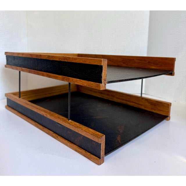 1960s Mid-Century Modern Oak & Black Leatherette Two-Tier Desk Organizer / Letter Tray For Sale In Los Angeles - Image 6 of 12