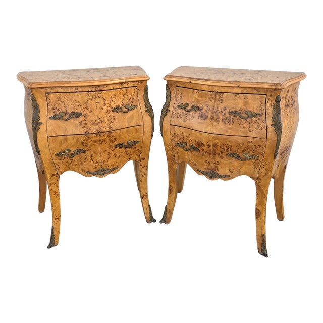 Vintage Birdseye Maple Veneer Bombe Two Drawer Chest of Drawers, Pair For Sale