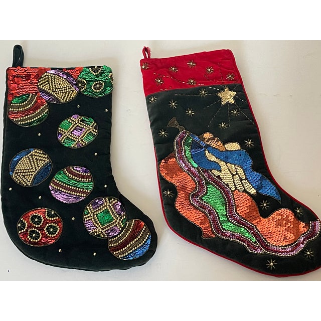 1970s 1970s Two Festive Christmas Stockings Beaded Sequins on Velvet For Sale - Image 5 of 5