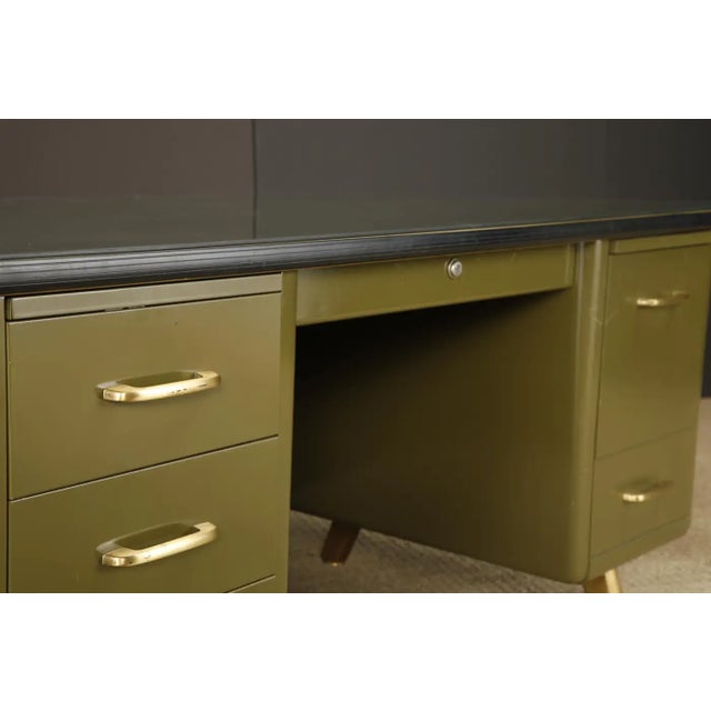 Mid-Century Modern Steel Tanker Desk in Olive Green W Glass Top and Brass, 1960s For Sale - Image 14 of 18