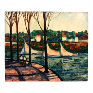Donald Roy Purdy, River Walk, American Modernist Oil Painting Landscape with River and Boats