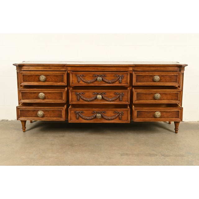 1970s Karges French Regency Louis XVI Burled Walnut Triple Dresser or Credenza For Sale - Image 5 of 15