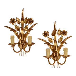 Italian Wheat Tole Sconces , a Pair For Sale