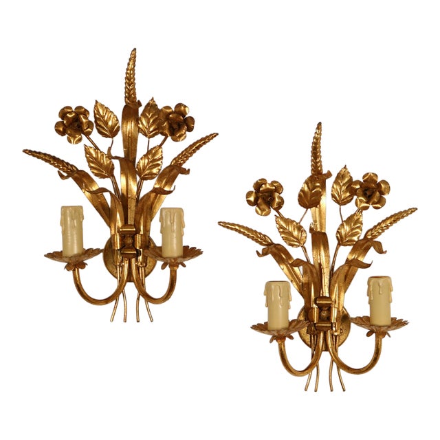 Italian Wheat Tole Sconces , a Pair For Sale