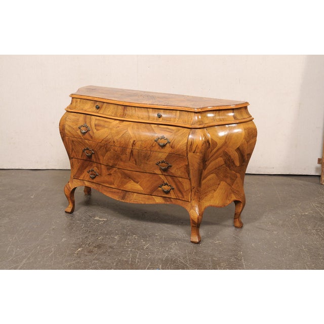 Camel Mid 20th Century Italian Beautifully Veneered Bombé Chest For Sale - Image 8 of 14