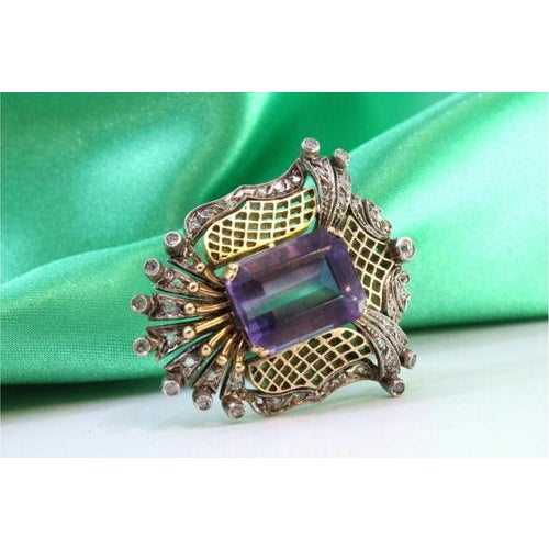 Gold and Silver Brooch with Diamond Chips and Amethyst Cut For Sale - Image 5 of 8