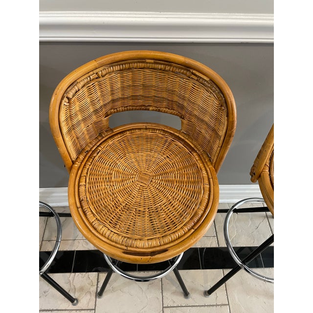Vintage Boho European Riviera Style Wicker Rattan Swivel Bar Stools For Sale In Chicago - Image 6 of 12
