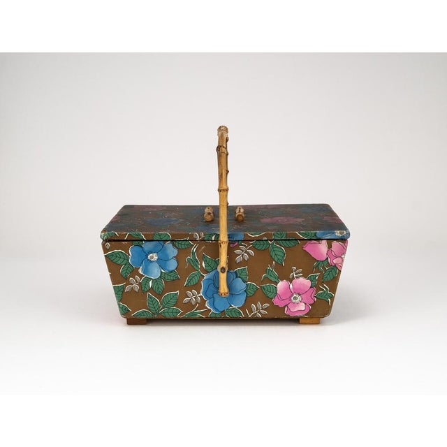 Mid-Century Sewing Basket with Bamboo Handle & Floral Decor, 1970s For Sale - Image 11 of 18