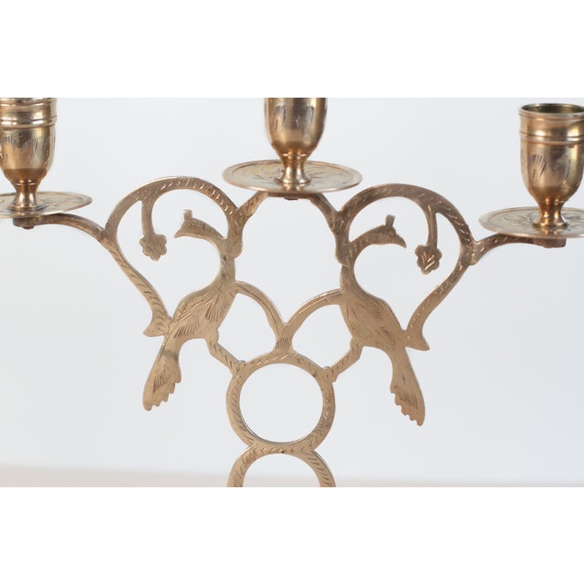 Metal Brass Peacock Three-Arm Candelabras With Pierced Filigree For Sale - Image 7 of 12