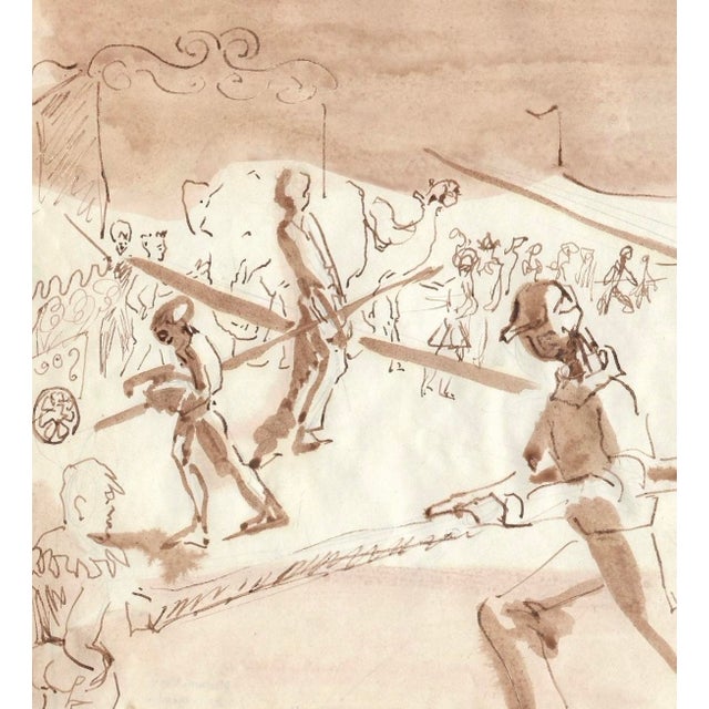 Circus scene with people pitching a tent and an elephant in the background. Watercolor on paper, estate stamp on the back....