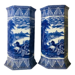 Antique Cauldon English Blue And White Transferware Vases - A Pair For Sale