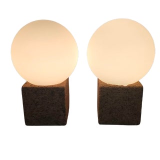 Pair of Authentic Vintage Portuguese Cork Base Globe Table Lamps — Original McM, Not a Reproduction For Sale