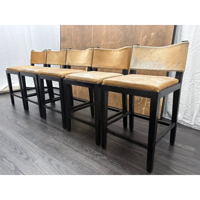 Rh Saddle Hair-on-Hide Counter Stools – Set of 5 Designed by Barlas Baylar | Camel Hair-on-Hide | Black Oak Finish For Sale - Image 13 of 16