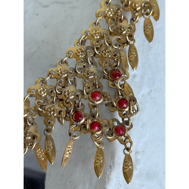 Metal Vintage 1960s Gold Tone Etruscan Revival Fringe Bib Collar Necklace With Faux Coral Dangles For Sale - Image 7 of 10