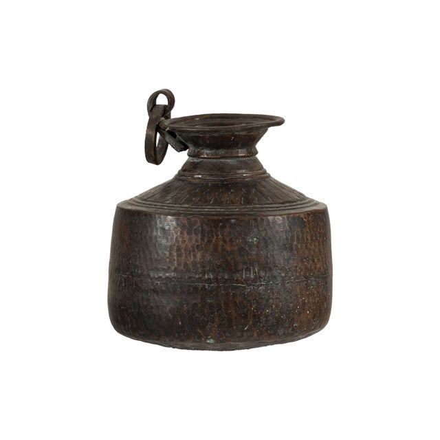 Hand-Hammered Indian Metal Milk Jug with Ring Handle, Vintage For Sale - Image 14 of 18