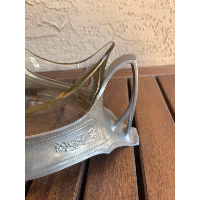 Metal Art Nouveau Netherlands 1905 Jugenstil Pewter Glass Center Piece Fruit Bowl For Sale - Image 7 of 7