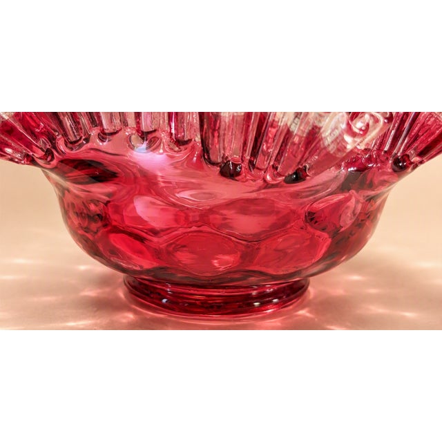 Vintage Fenton-Style Cranberry Thumbprint Pattern Ruffled Rim Glass Bowl For Sale - Image 4 of 6