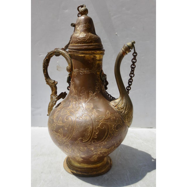 Antique Moroccan Tea/Coffee urn. Brass body with engraved French acanthus scrolling vines. Cast brass acanthus handle and...