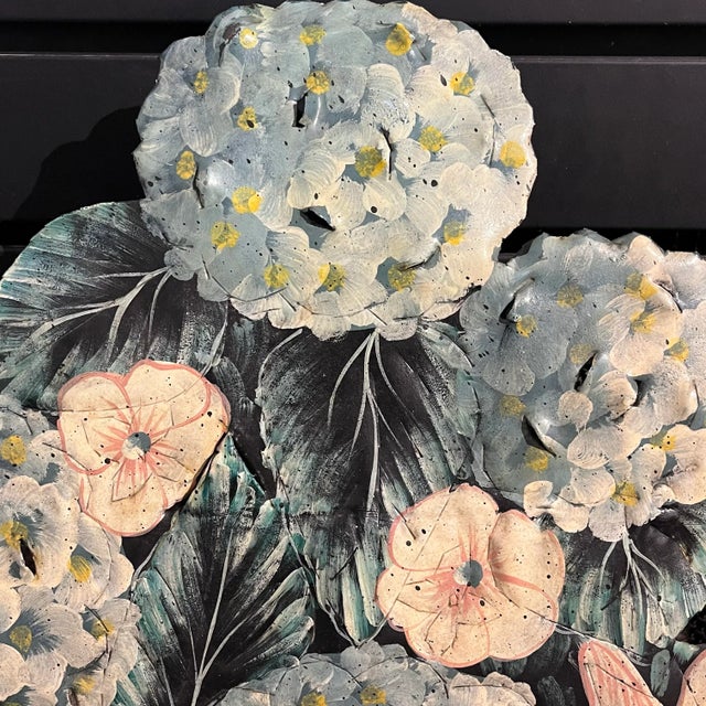 Vintage Metal Toleware Hand Painted and Signed Blue Hydrangea Fireplace Screen / Dummy Board For Sale In New York - Image 6 of 12