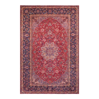 Shabby Chic Persian Kashan Red/Blue Wool Rug - 9'8'' X 13'2'' For Sale