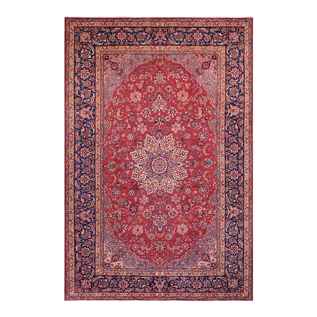 Shabby Chic Persian Kashan Red/Blue Wool Rug - 9'8'' X 13'2'' For Sale