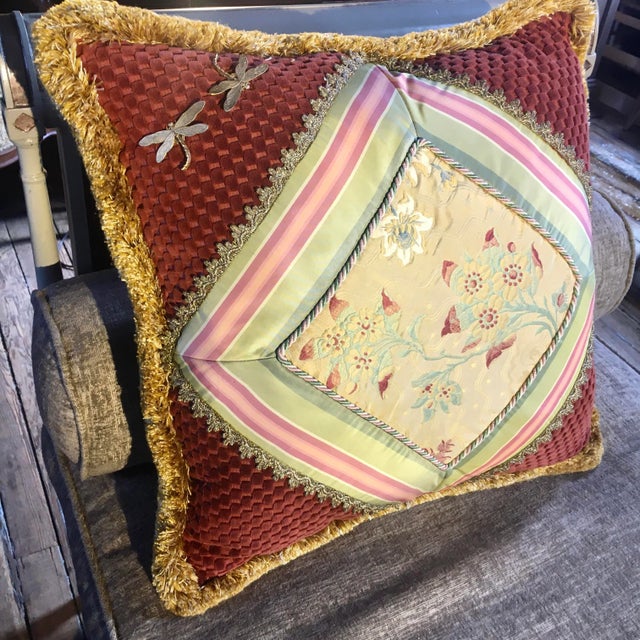 Vintage 80s decorator-style multiple textiles down pillow in shades of brick red waffle weave textile, pink, celadon, and...