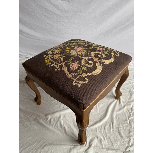 Brown Early 20th Century Victorian Floral Needlepoint Parlor Stool For Sale - Image 8 of 12