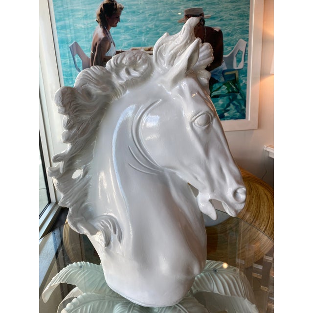 Vintage Plaster White Lacquered Modern Large Horse Head Statue For Sale - Image 4 of 12
