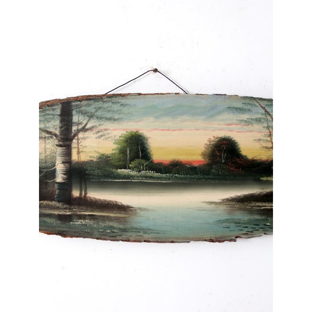 Wood Vintage Hand Painted Landscape on Wood Slab Wall Decor For Sale - Image 7 of 11
