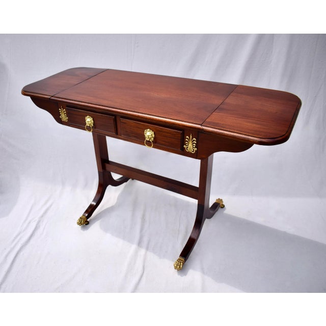 English Early 20th Century Regency Mahogany Sofa Table With Drop Sides and Brass Castors For Sale - Image 3 of 13