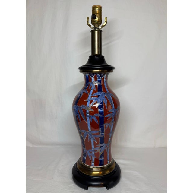 Chinoiserie Mid 20th Century Paul Hanson Bamboo Painted Porcelain Chinoiserie Lamp Brick Red Blue Gold For Sale - Image 3 of 12