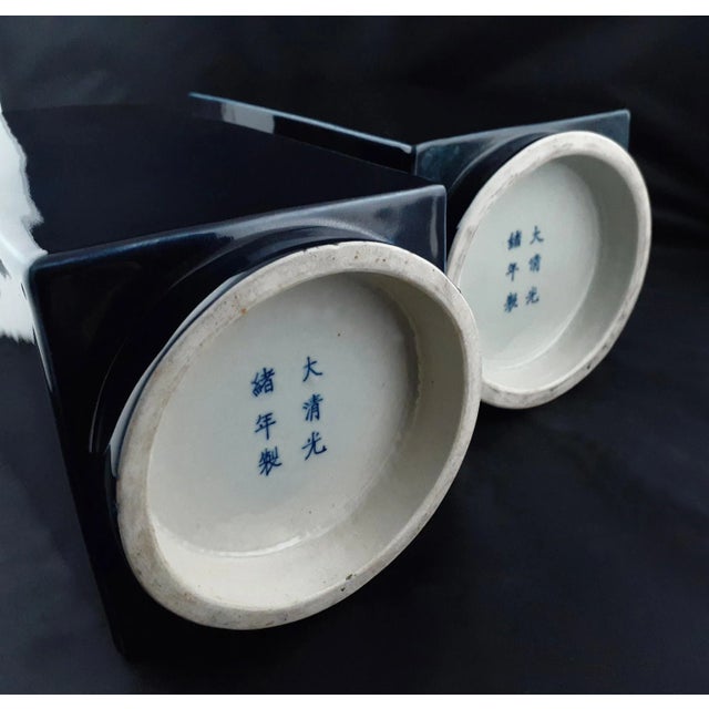 1930s Republic of China Period Matched Pair of Chinese Porcelain, Midnight Blue, Cong Vases For Sale - Image 5 of 8
