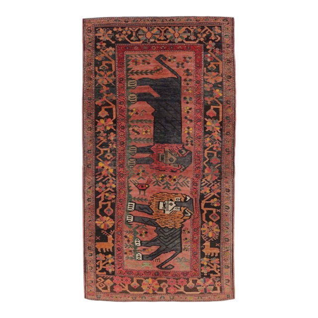 Vintage Turkish Twin Lion Pictorial Rug With Colorful Tribal Motifs - Rug & Kilim For Sale