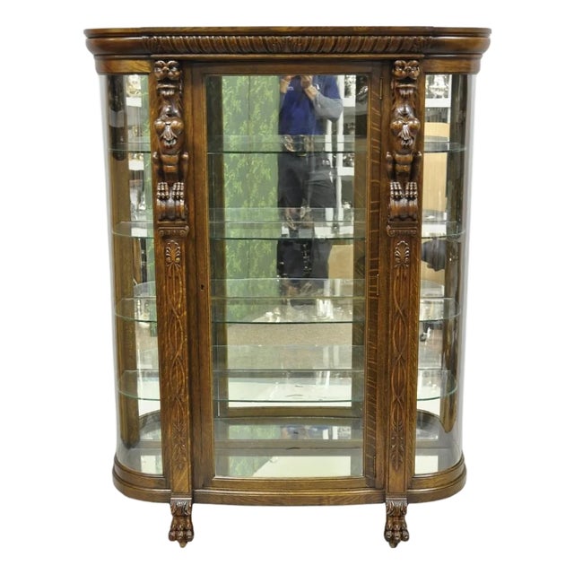 Antique American Empire Tiger Oak Curved Glass China Cabinet W/ Carved Griffins For Sale