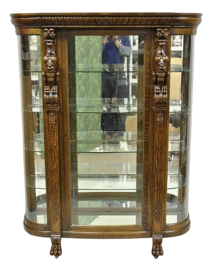 Antique American Empire Tiger Oak Curved Glass China Cabinet W/ Carved Griffins
