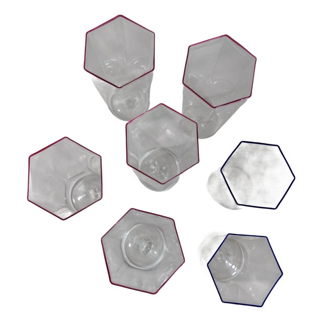 Hexagonal Glasses in Blown Murano Glass Cobalt and Red Rim by Carlo Scarpa, 1950s, Set of 7 For Sale