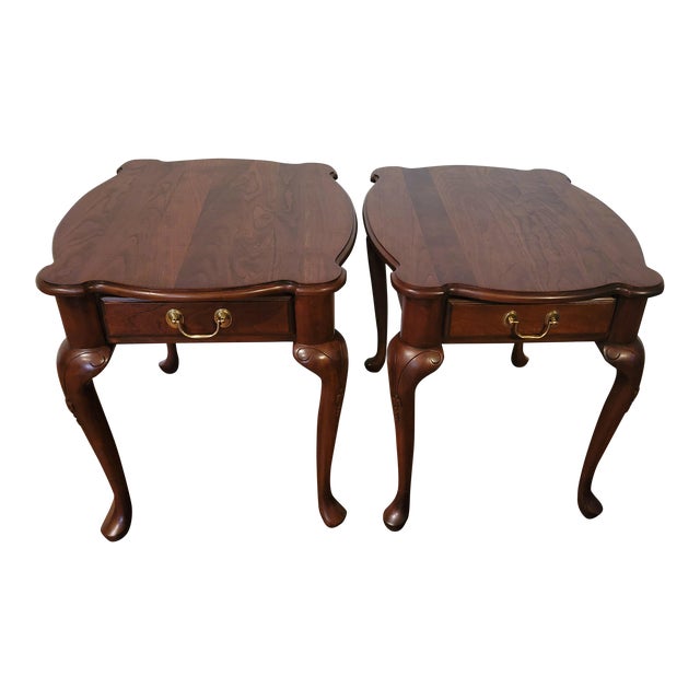 1990s Vintage Harden Solid Wood Cherry End Tables With Drawer Set of