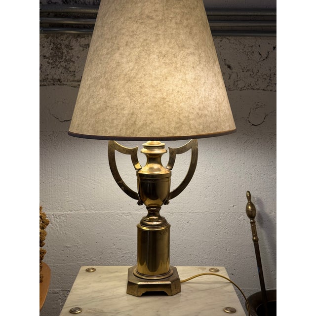 Metal Pair of Vintage English Brass Trophy Form Winged Urn Lamps For Sale - Image 7 of 16