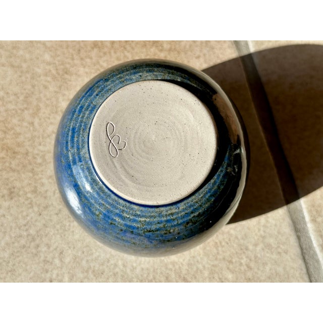Mid-Century Modern Studio Ceramic Spherical Vase with Blue Flowing Glaze, Germany, 1970s For Sale - Image 3 of 15