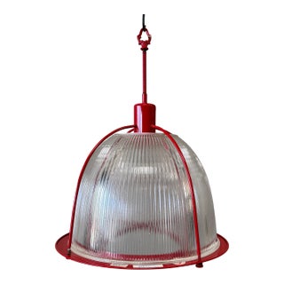 Vintage Ribbed Holophane Pendant Lamp W/ Red Metal Frame #1 - Made in Canada For Sale