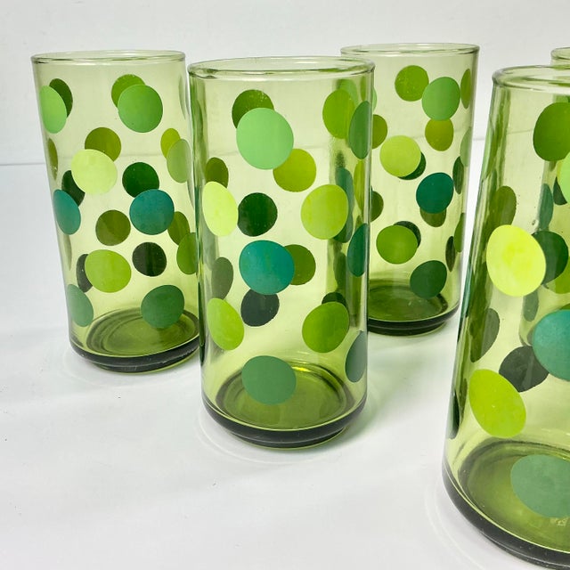 Glass Mid 20th Century Boho Chic Modern Olive Polka Dot Tumbler Glassware - Set of 6. For Sale - Image 7 of 14