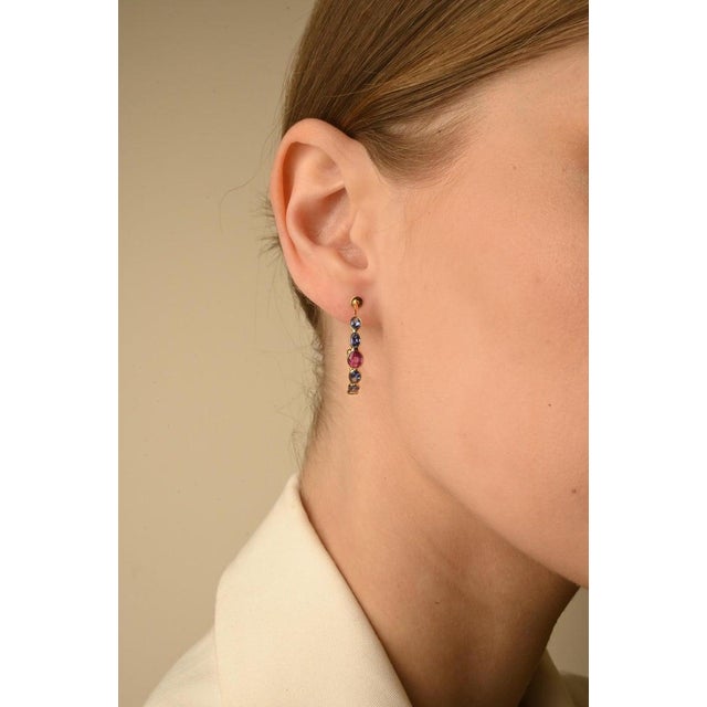 Art Deco 14k Solid Yellow Gold Mounted Multi Sapphire C- Hoop Earrings - a Pair For Sale - Image 3 of 11