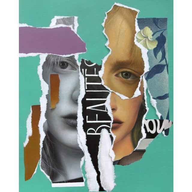 RemixD-2 (Mint) by Grant Gilsdorf | Oil on ACM Collage of faces and text on a green background For Sale