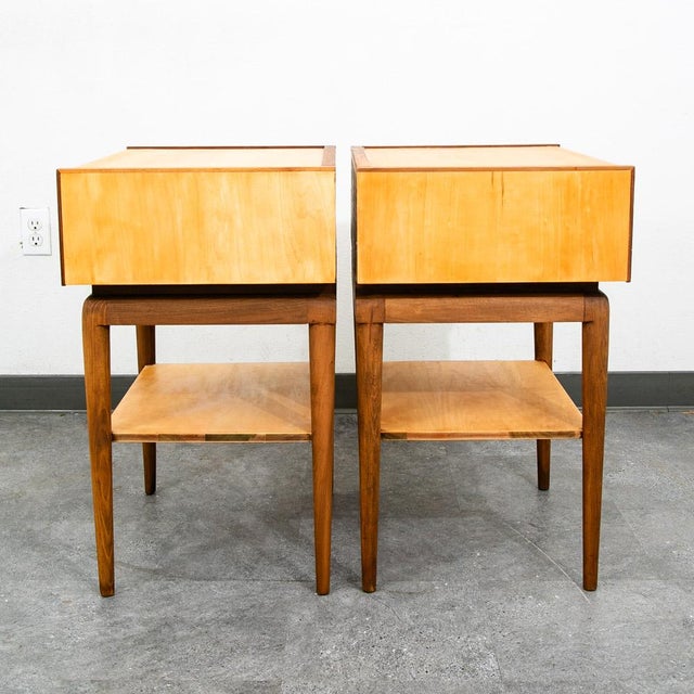Mid Century Modern Nightstands Side Table Birch Walnut Drawer Italian End Set 2 For Sale - Image 4 of 12