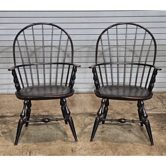 American Pair of Warren Chair Works Sack Back Windsor Arm Chairs Bench Made Black Finish For Sale - Image 3 of 10