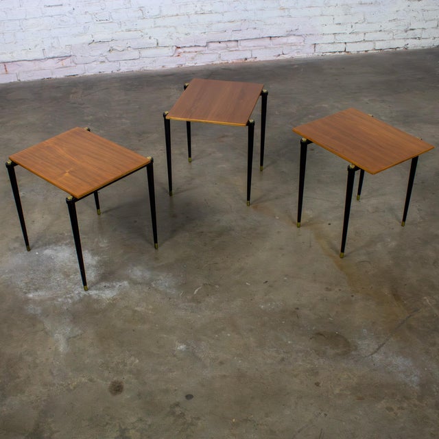 Mid 20th Century Mid-20th Century MCM Stacking Tables Walnut Veneer Tops Brass and Ebonized Legs Set of 3 For Sale - Image 5 of 18