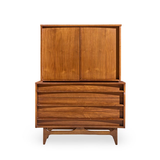 Young Manufacturing Mid Century Walnut Curved Highboy Dresser This highboy measures: 42 wide x 20.75 deep x 56.25 inches...
