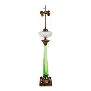 French Gilt Bronze, Green Crystal and Clear Glass Two-light Table Lamp For Sale