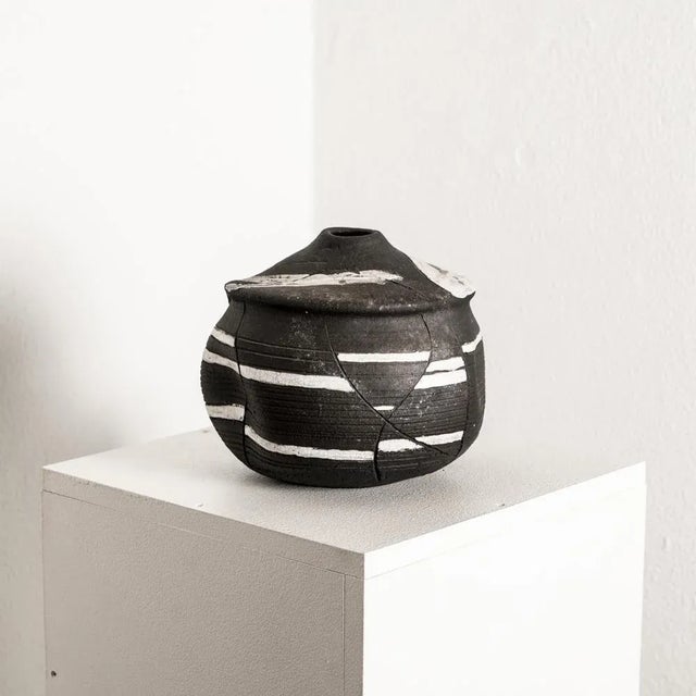 Black Ceramic Vessel with White Glaze For Sale - Image 4 of 9